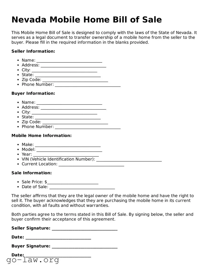 Fillable Nevada Mobile Home Bill of Sale Form