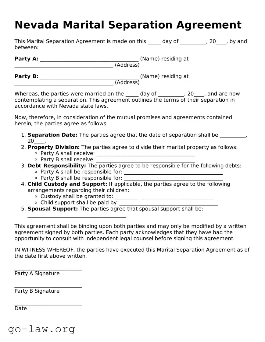 Fillable Nevada Marital Separation Agreement Form