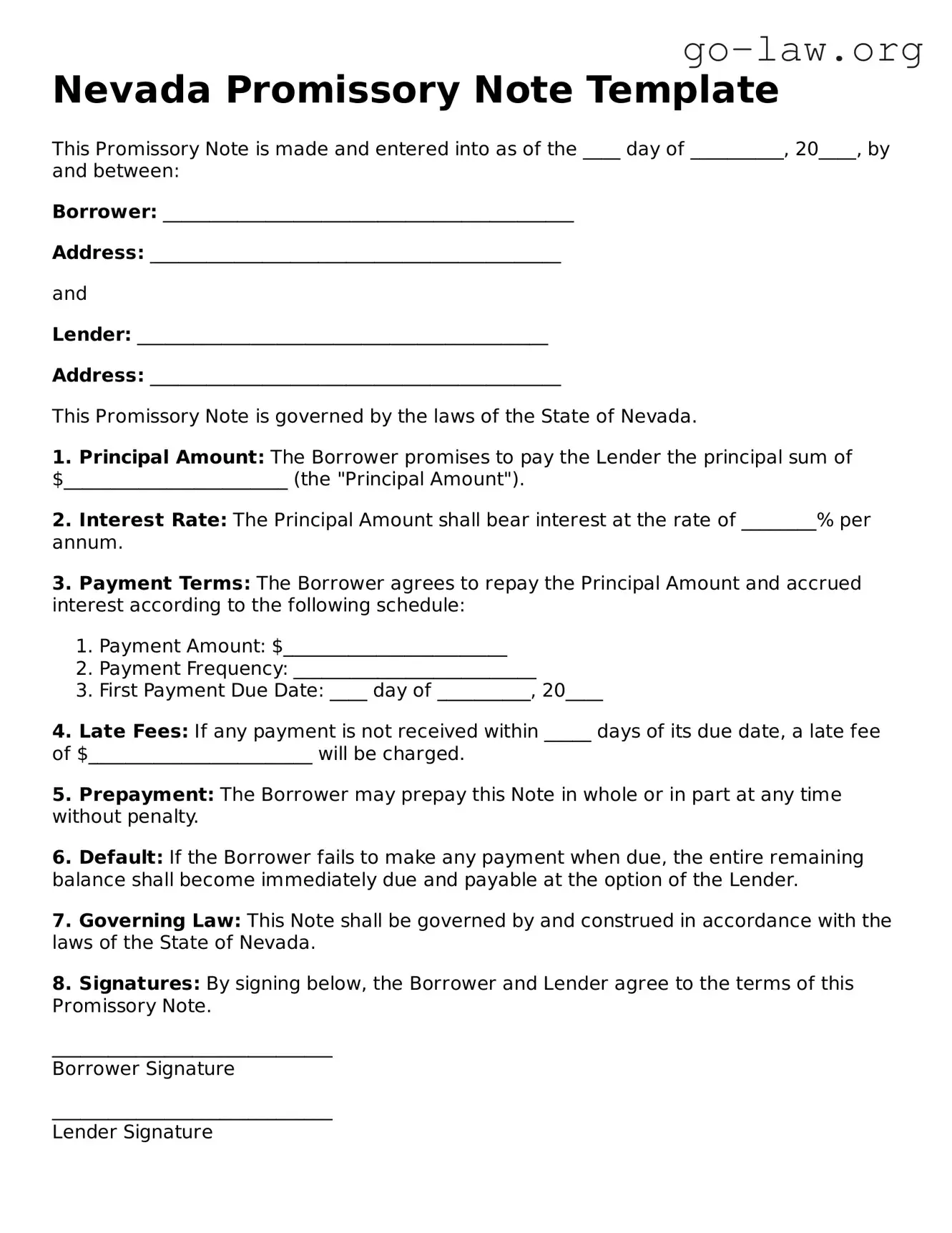 Fillable Nevada Promissory Note Form