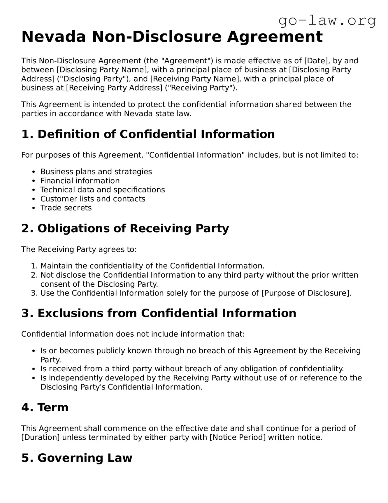 Fillable Nevada Non-disclosure Agreement Form