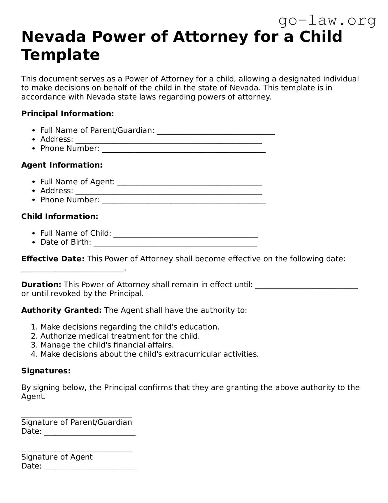 Fillable Nevada Power of Attorney for a Child Form