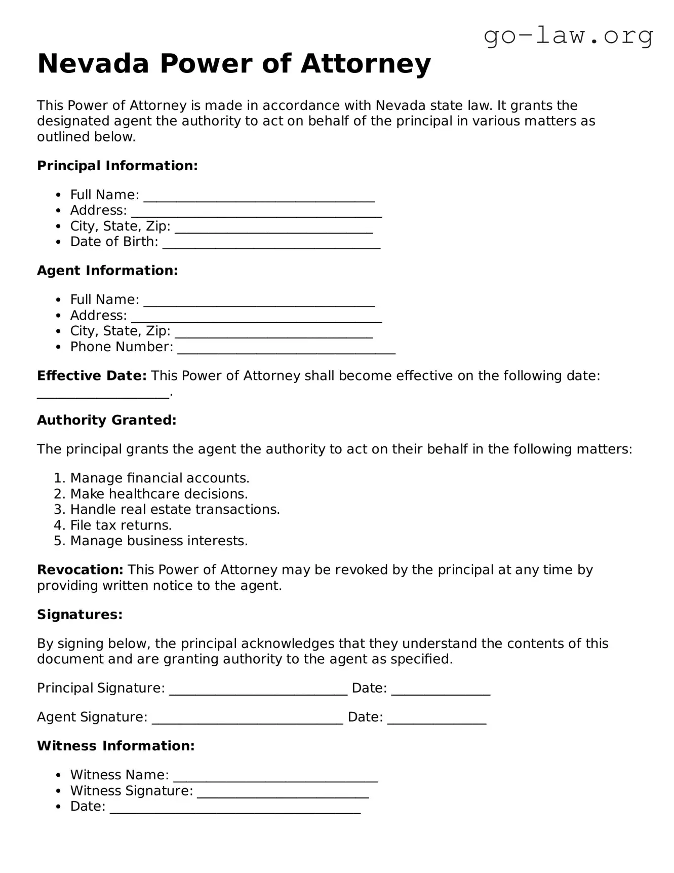 Fillable Nevada Power of Attorney Form
