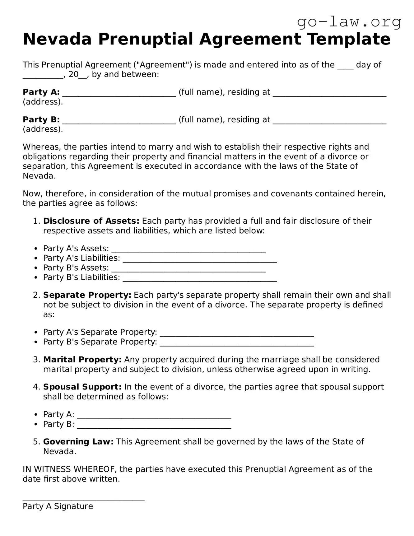 Fillable Nevada Prenuptial Agreement Form