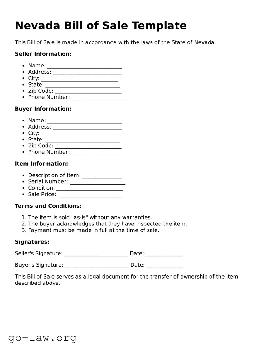 Fillable Nevada Bill of Sale Form