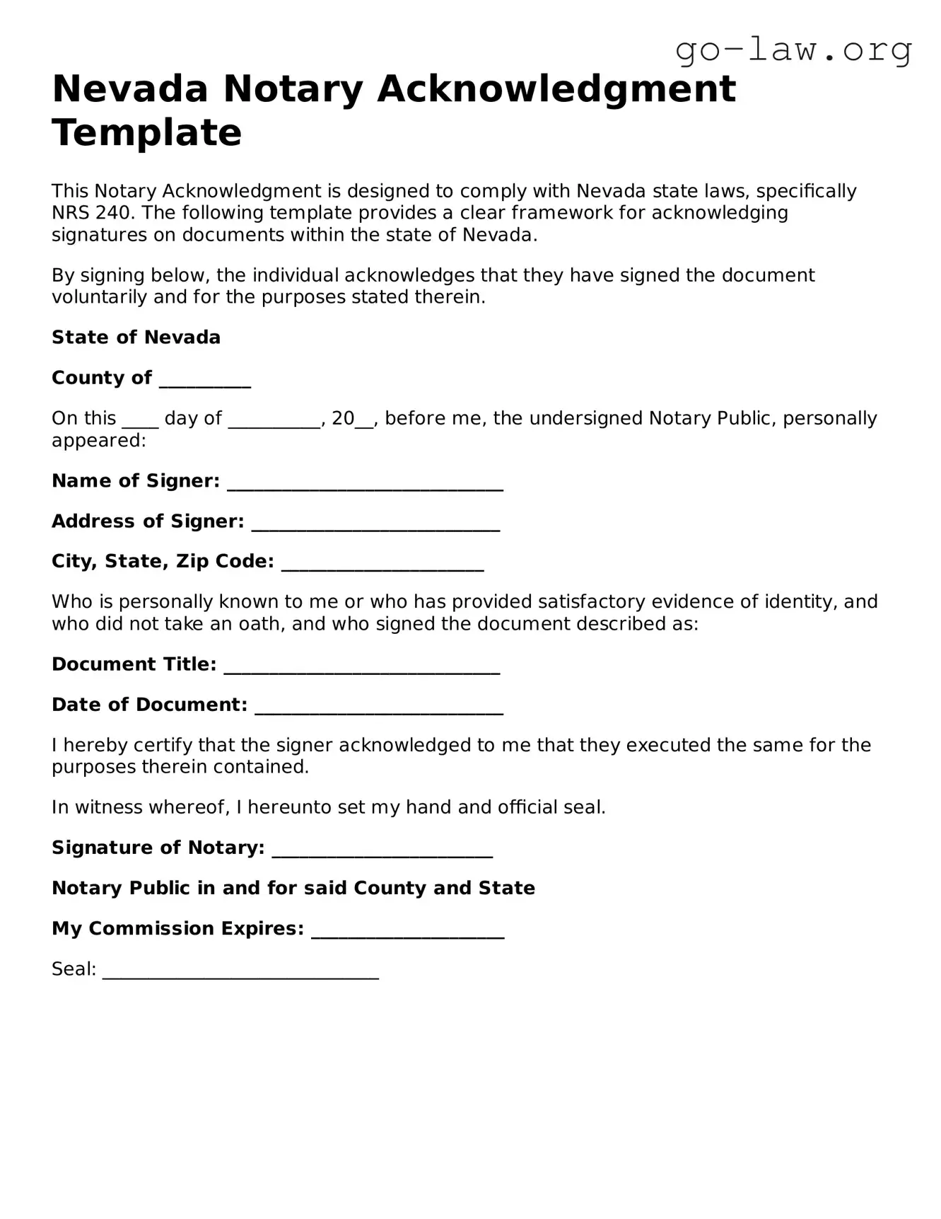 Fillable Nevada Notary Acknowledgement Form