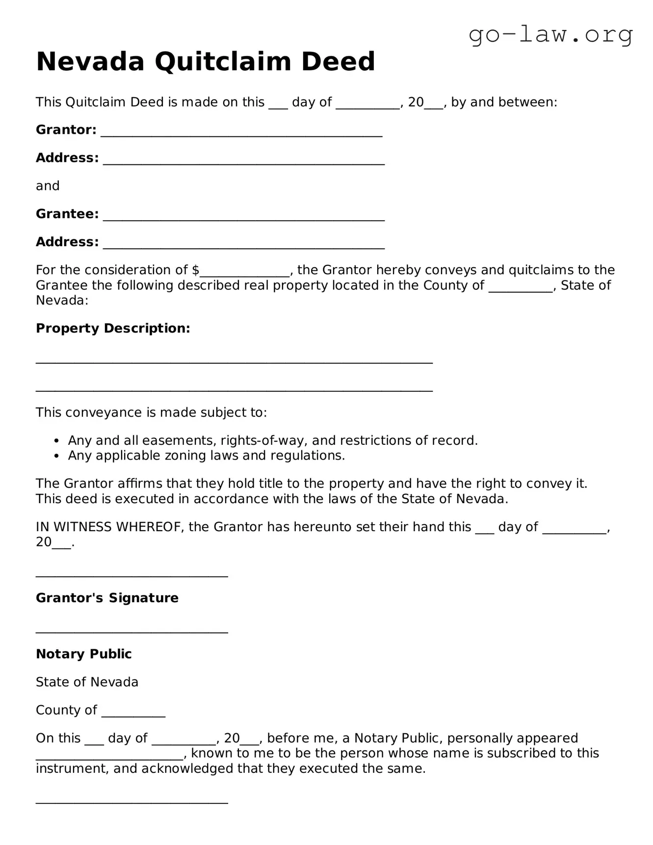 Fillable Nevada Quitclaim Deed Form