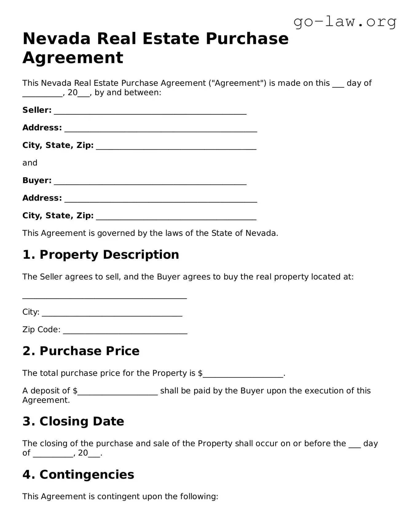 Fillable Nevada Real Estate Purchase Agreement Form