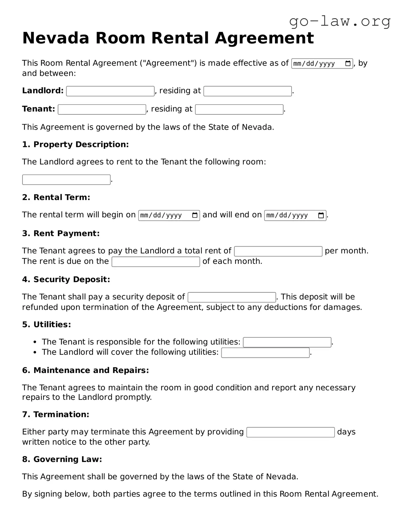 Fillable Nevada Room Rental Agreement Form