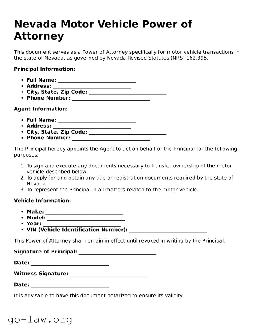 Fillable Nevada Motor Vehicle Power of Attorney Form
