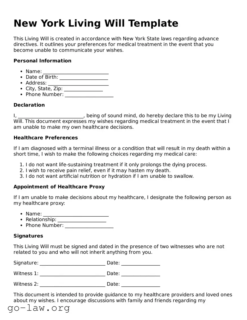 Fillable New York Living Will Form