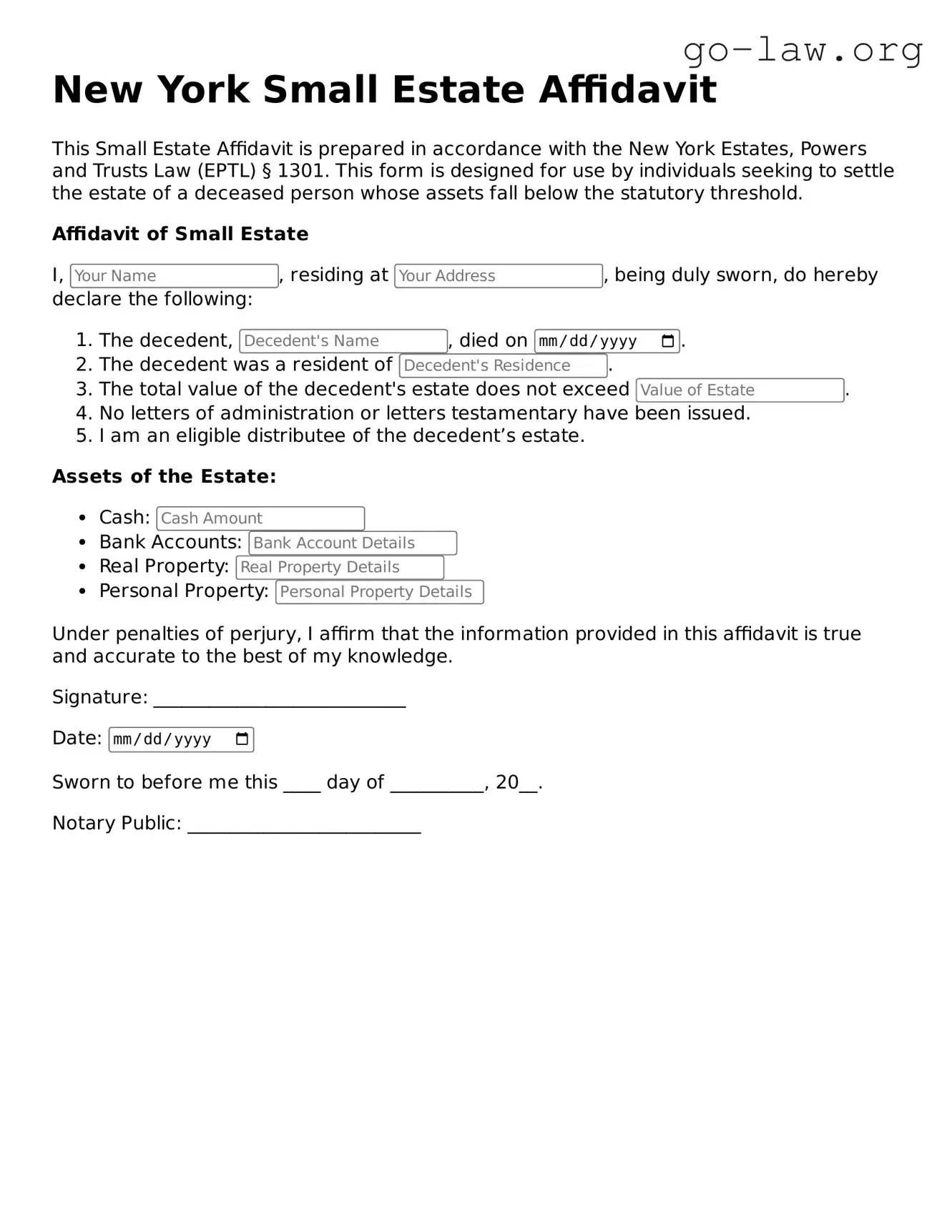 Fillable New York Small Estate Affidavit Form