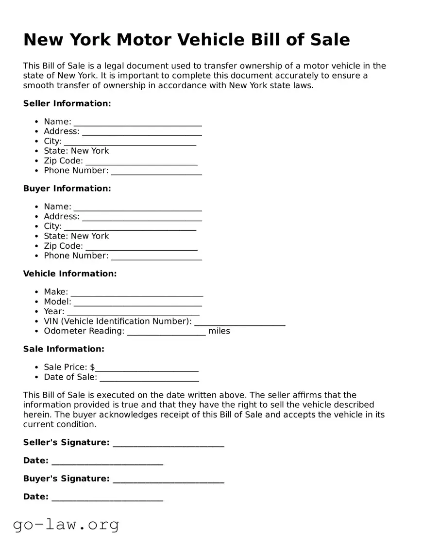 Fillable New York Motor Vehicle Bill of Sale Form