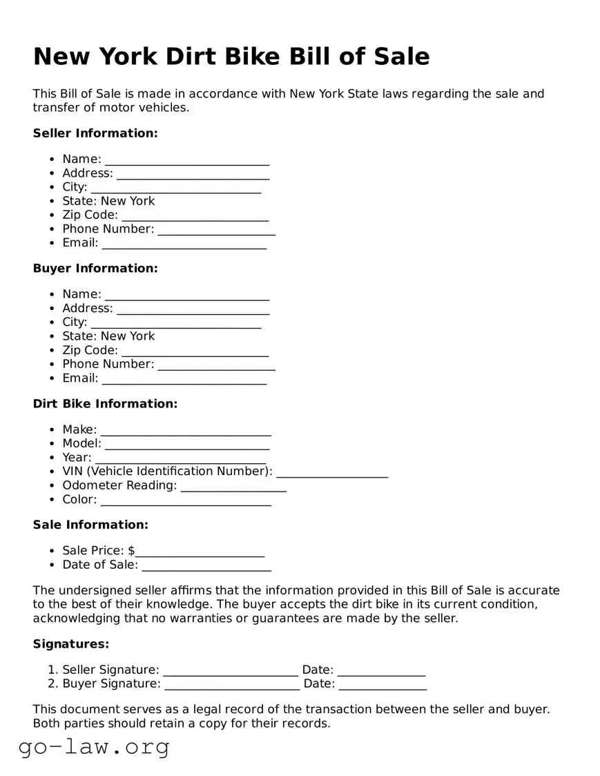 Fillable New York Dirt Bike Bill of Sale Form