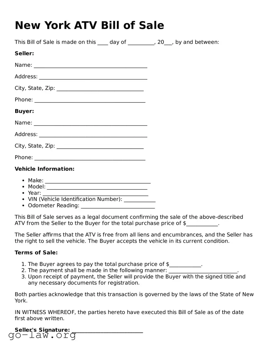 Fillable New York ATV Bill of Sale Form
