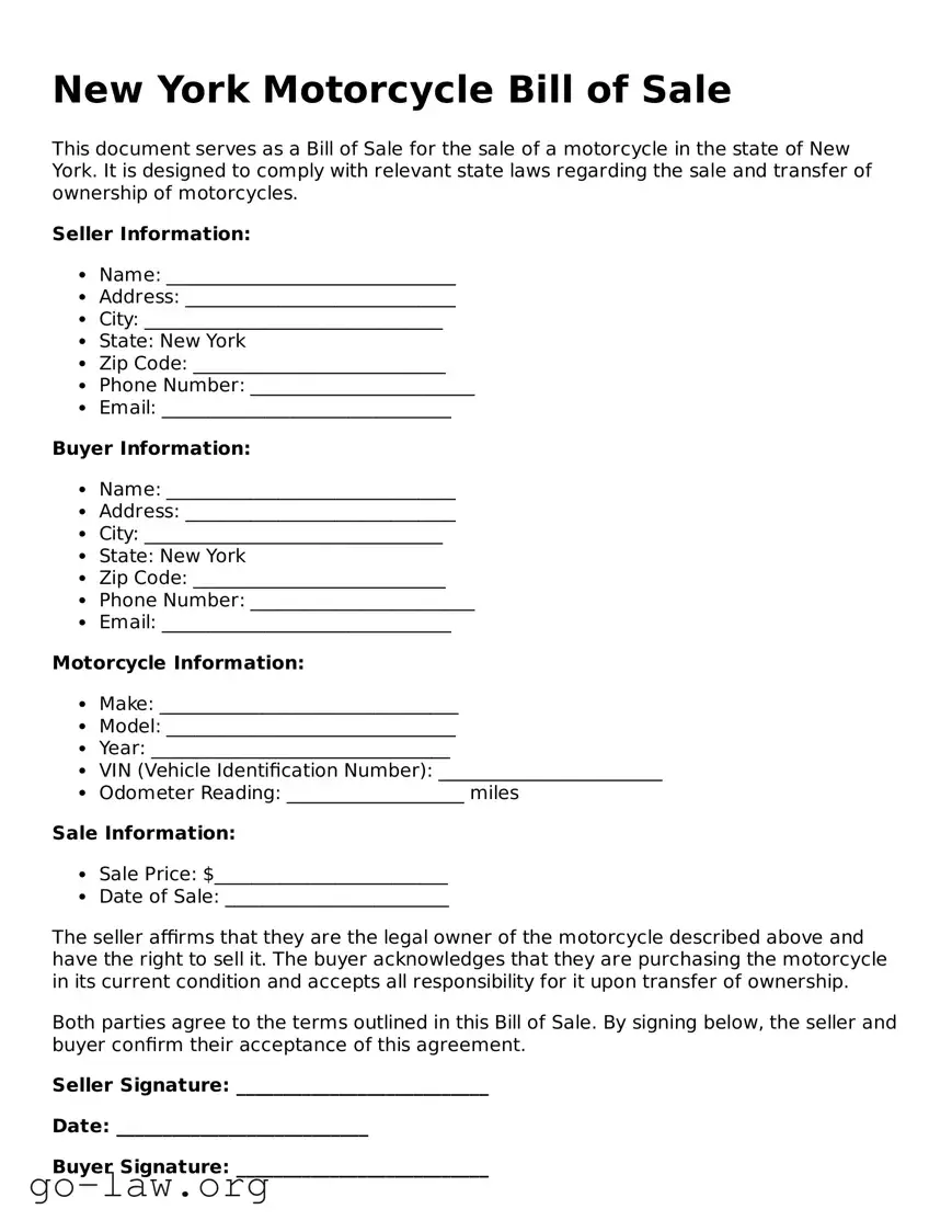 Fillable New York Motorcycle Bill of Sale Form