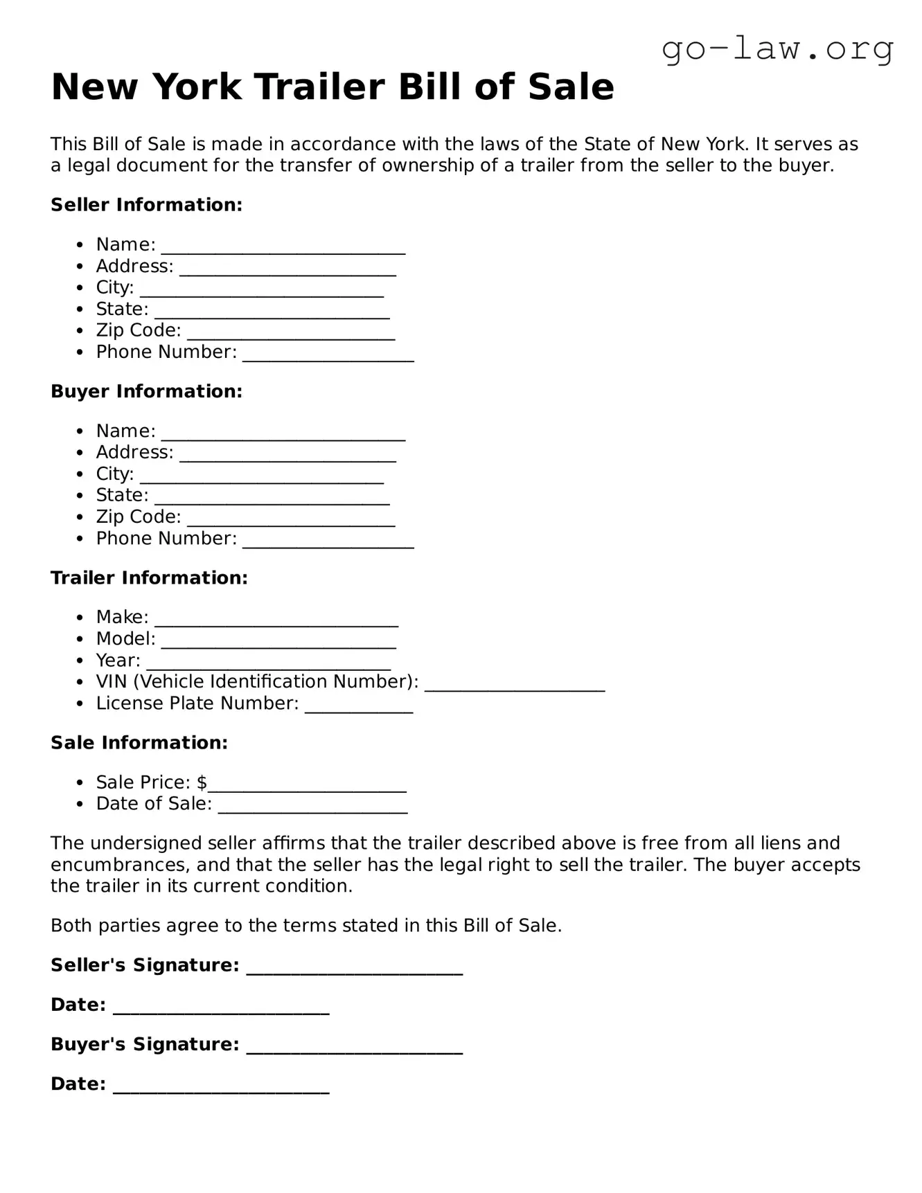 Fillable New York Trailer Bill of Sale Form