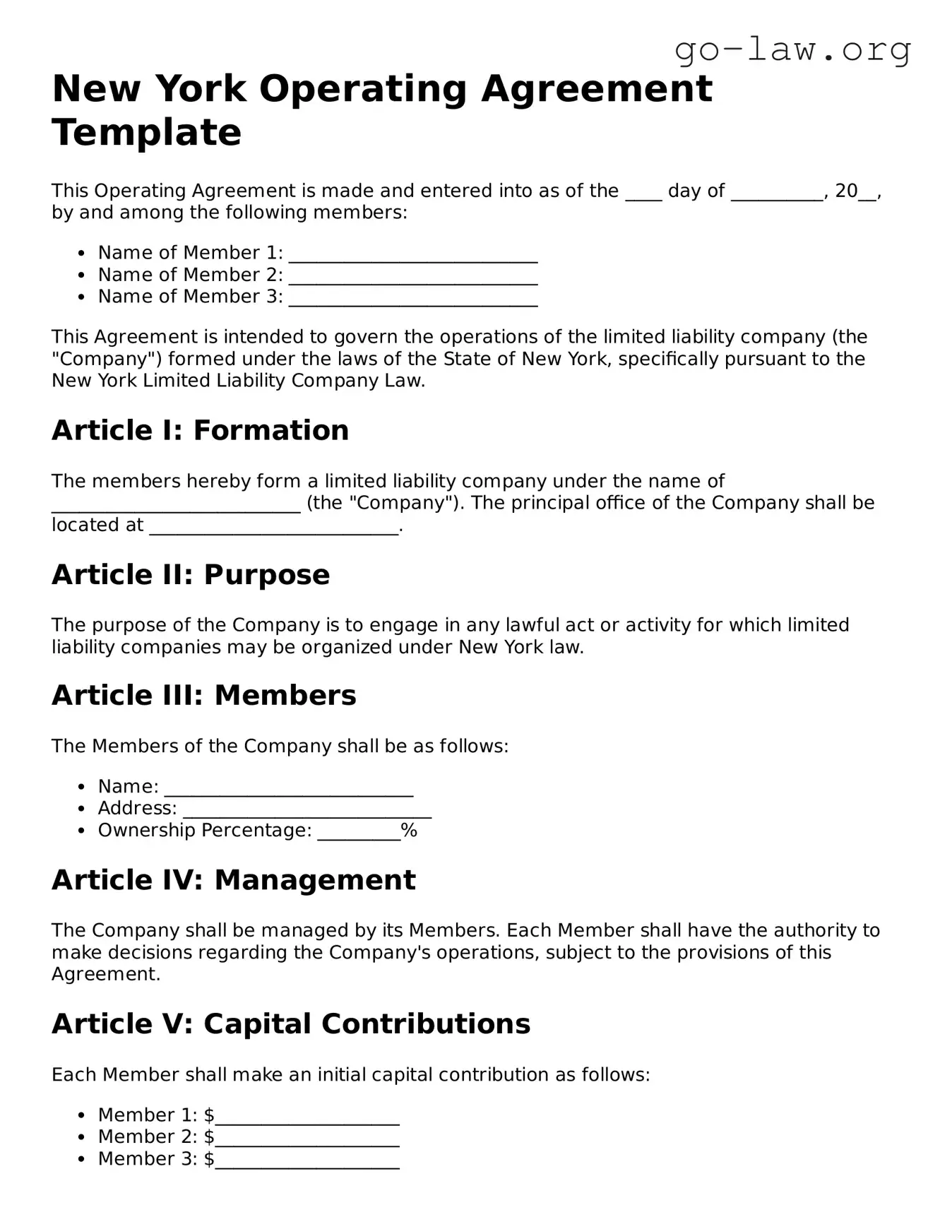 Fillable New York Operating Agreement Form