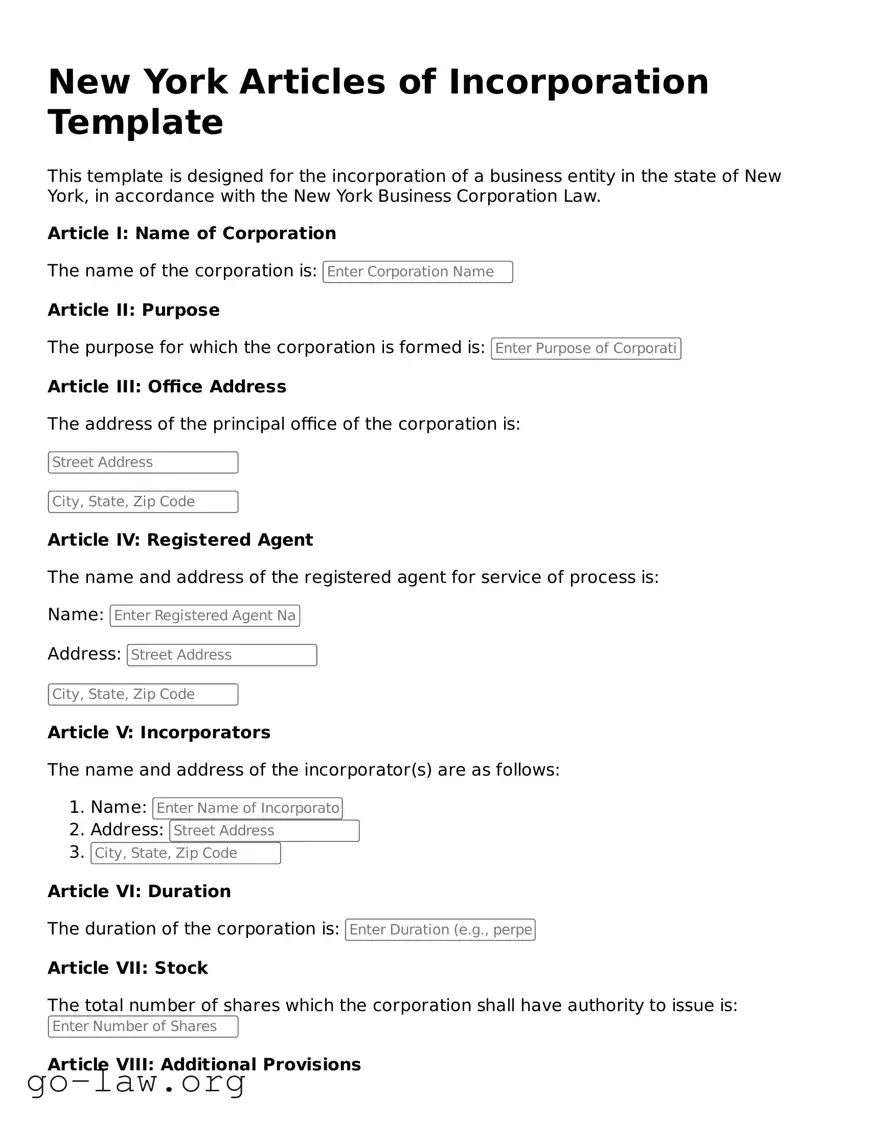 Fillable New York Articles of Incorporation Form