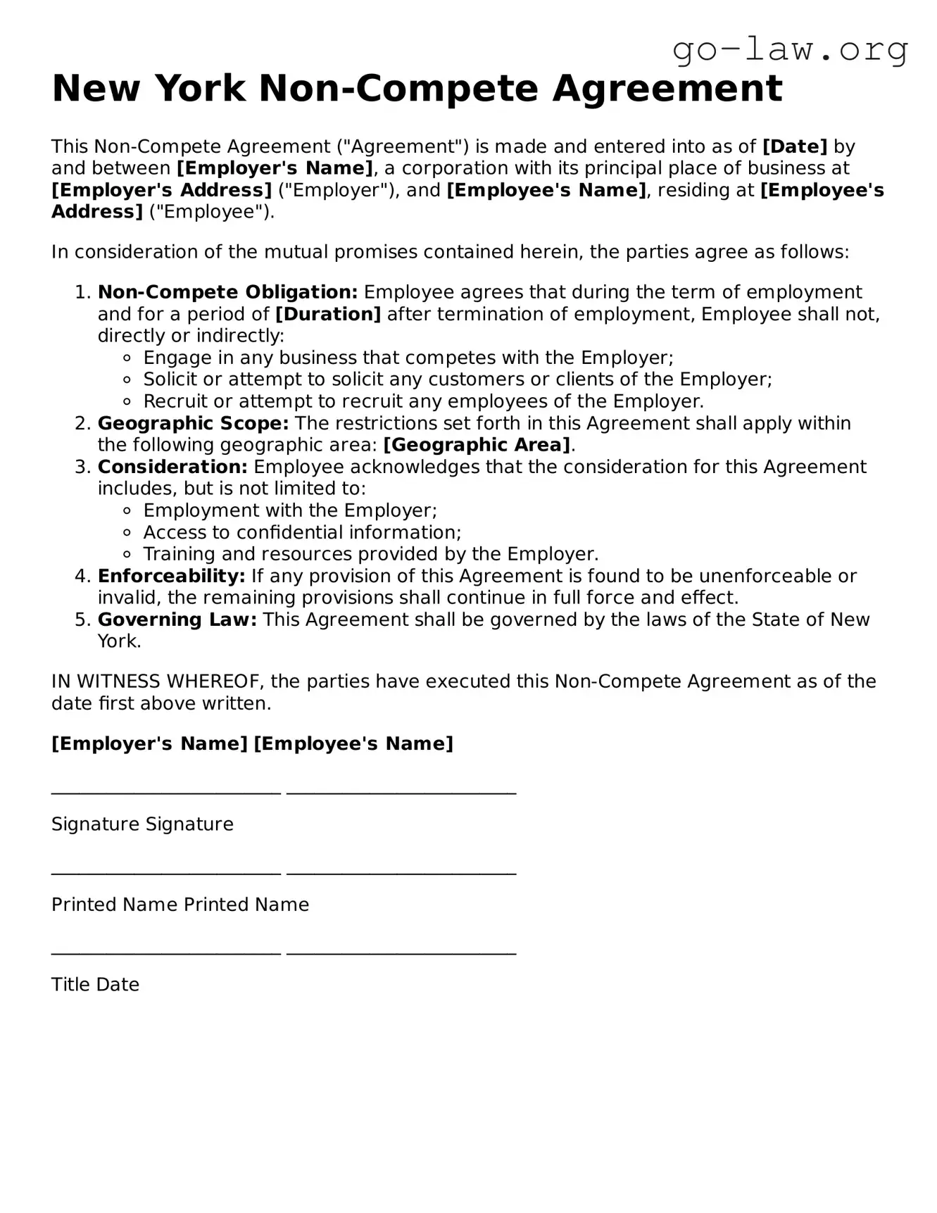 Fillable New York Non-compete Agreement Form