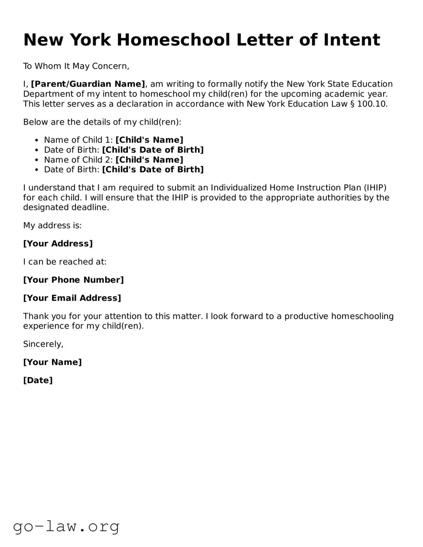 Fillable New York Homeschool Letter of Intent Form