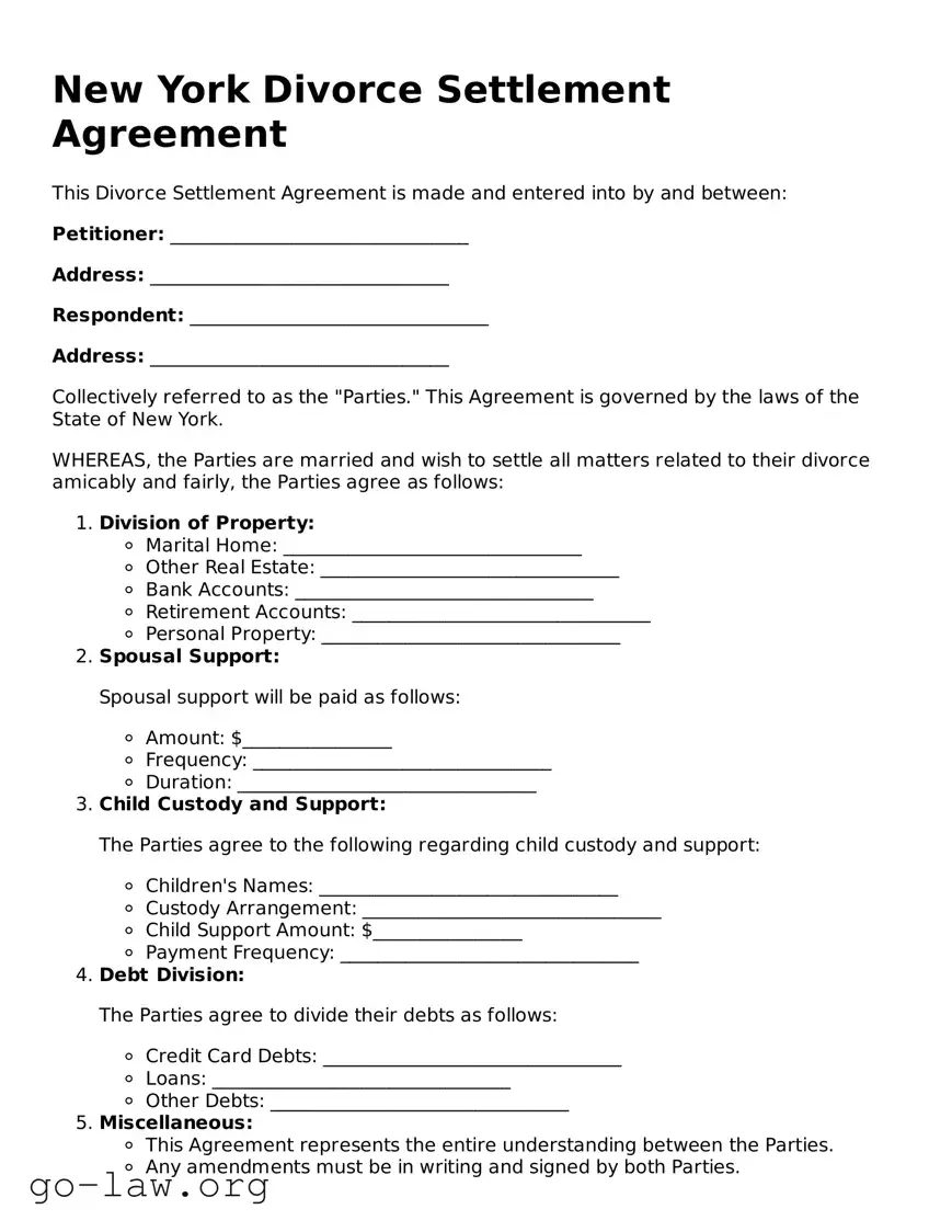 Fillable New York Divorce Settlement Agreement Form