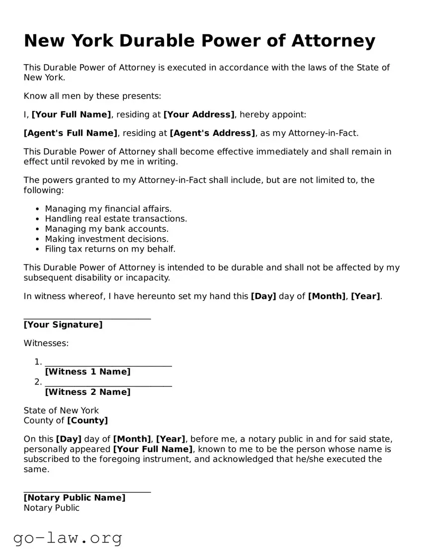 Fillable New York Durable Power of Attorney Form