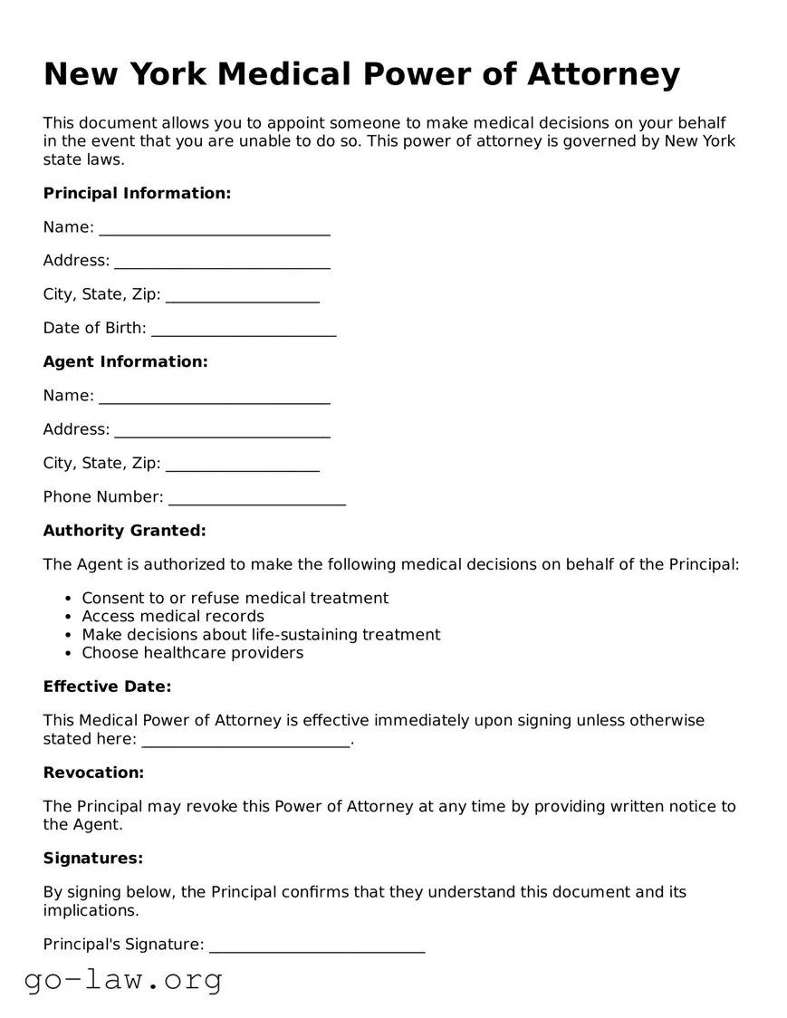 Fillable New York Medical Power of Attorney Form