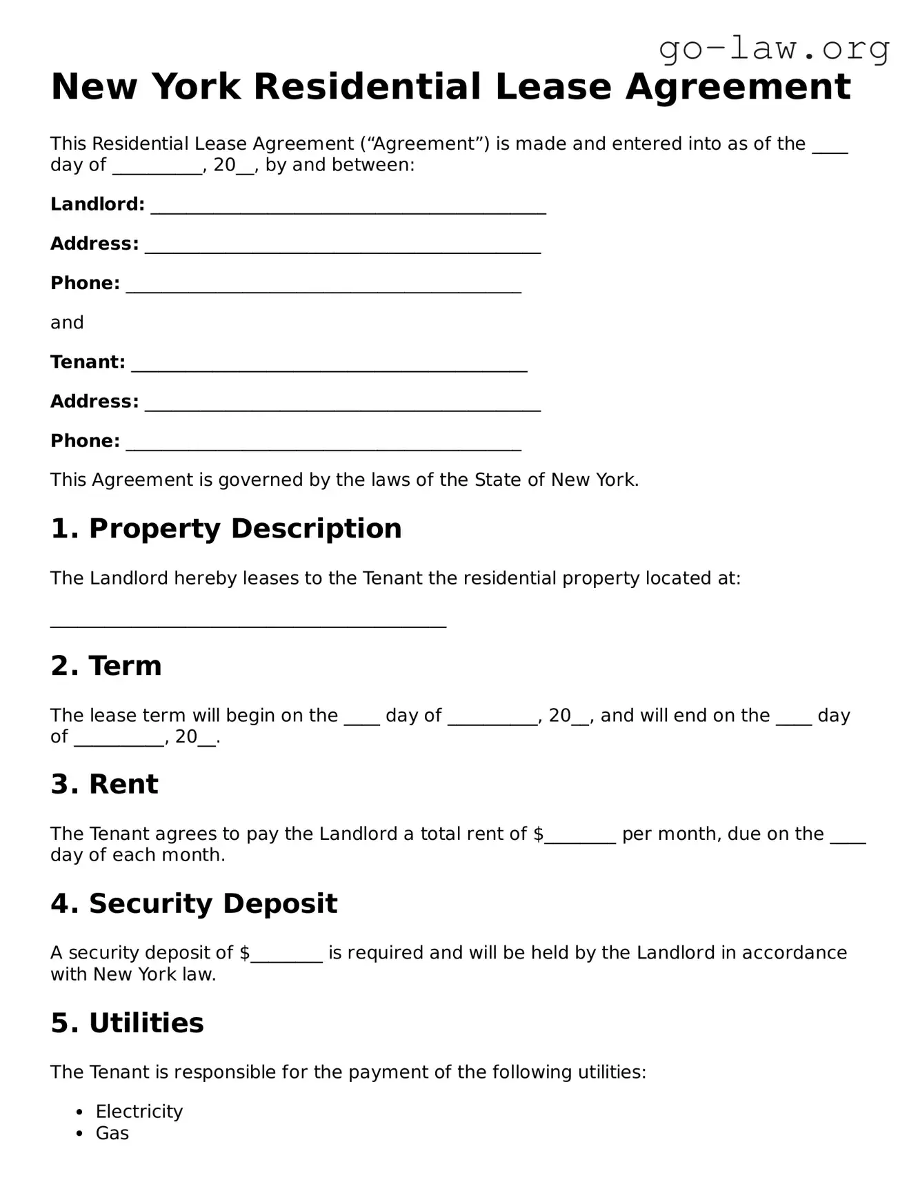 Fillable New York Residential Lease Agreement Form