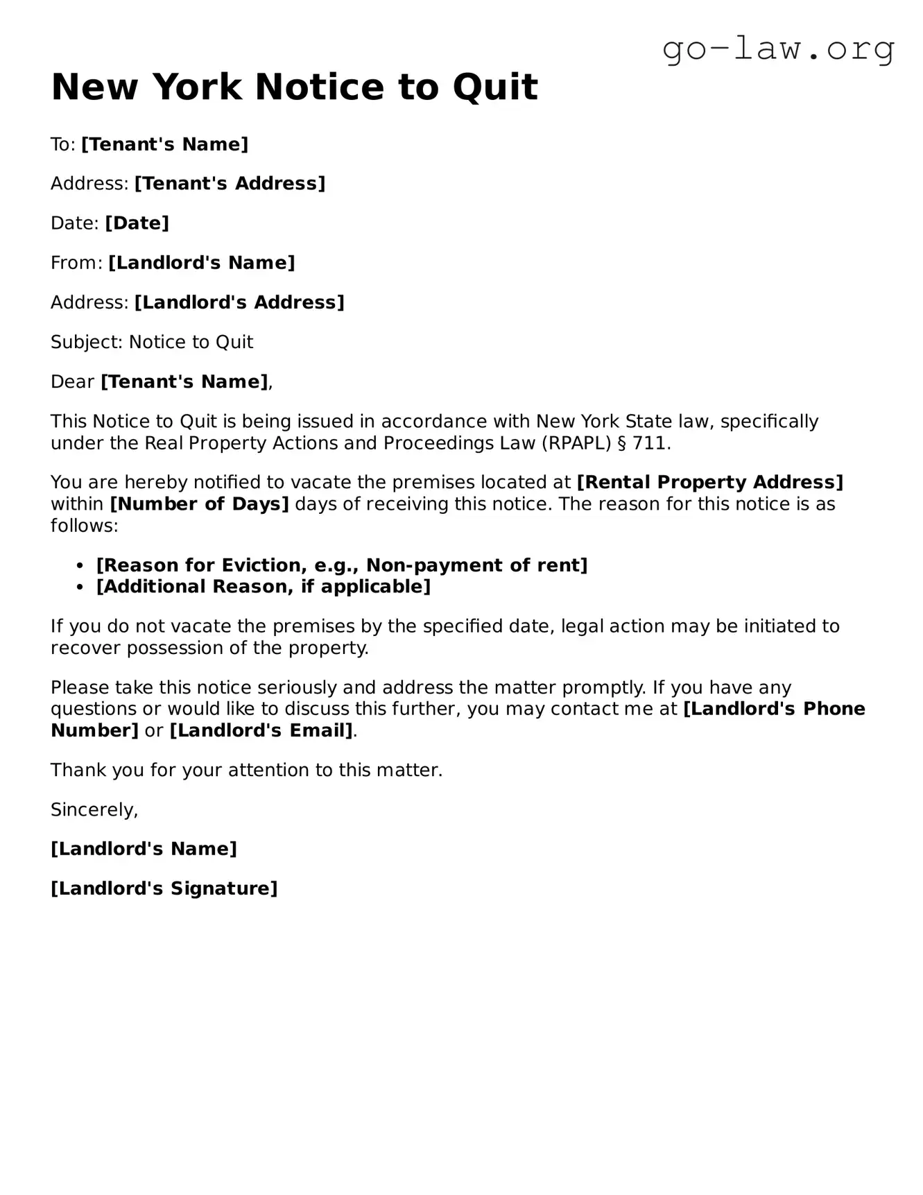 Fillable New York Notice to Quit Form