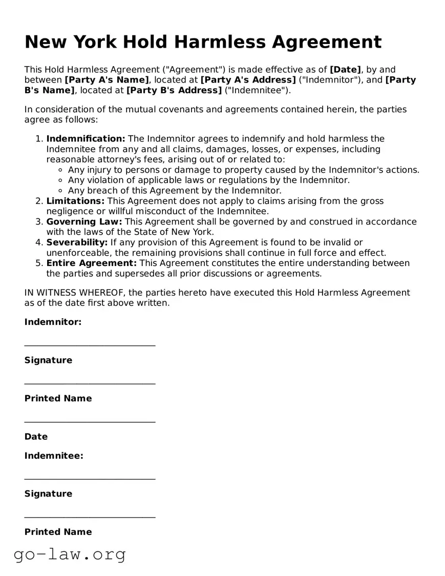 Fillable New York Hold Harmless Agreement Form