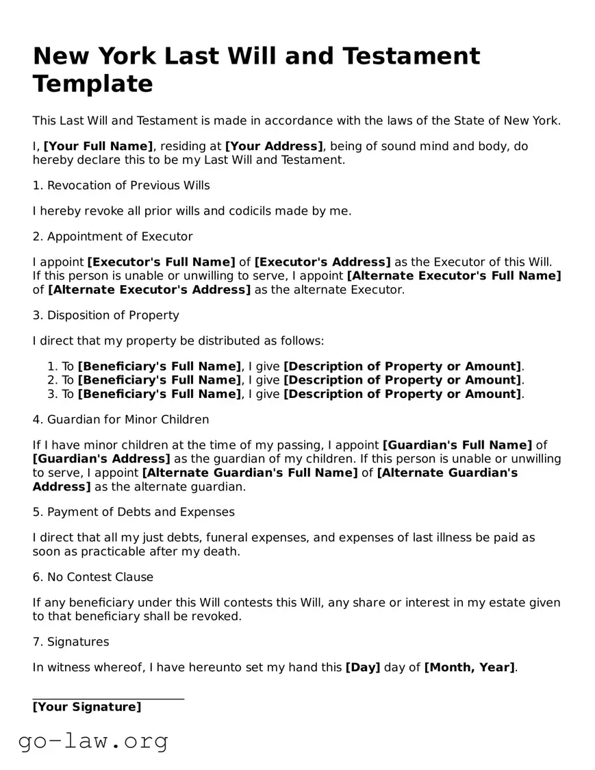 Fillable New York Last Will and Testament Form