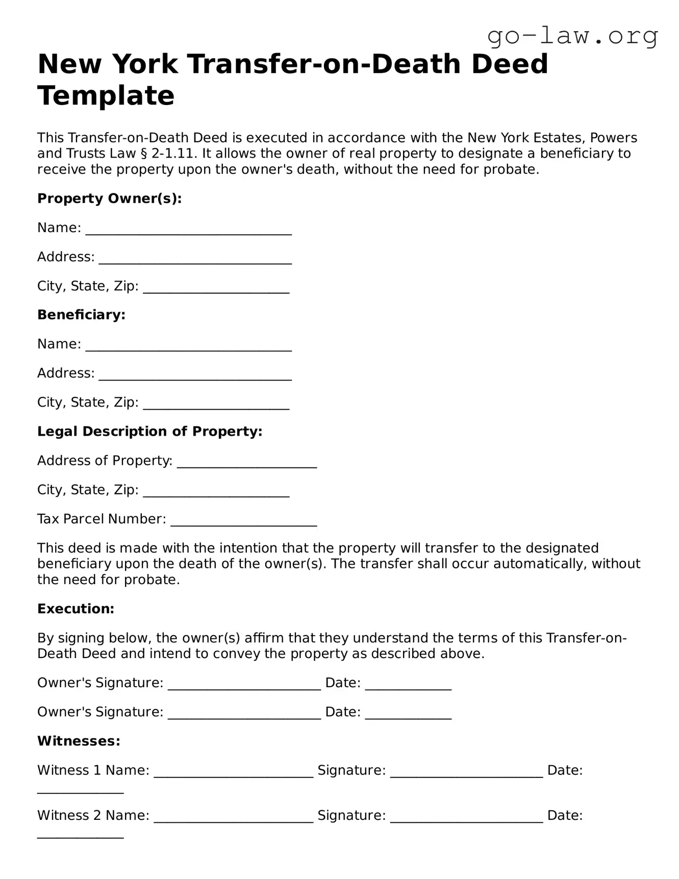 Fillable New York Transfer-on-Death Deed Form
