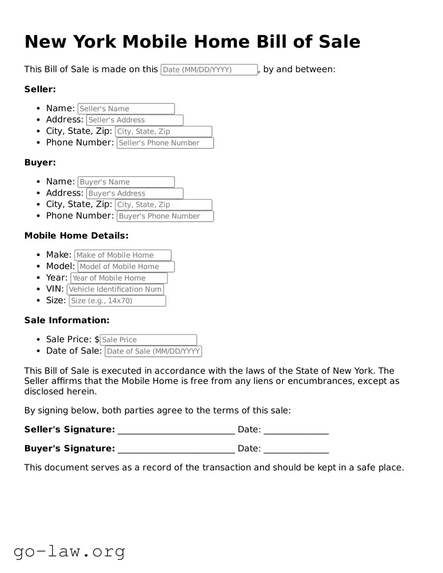 Fillable New York Mobile Home Bill of Sale Form