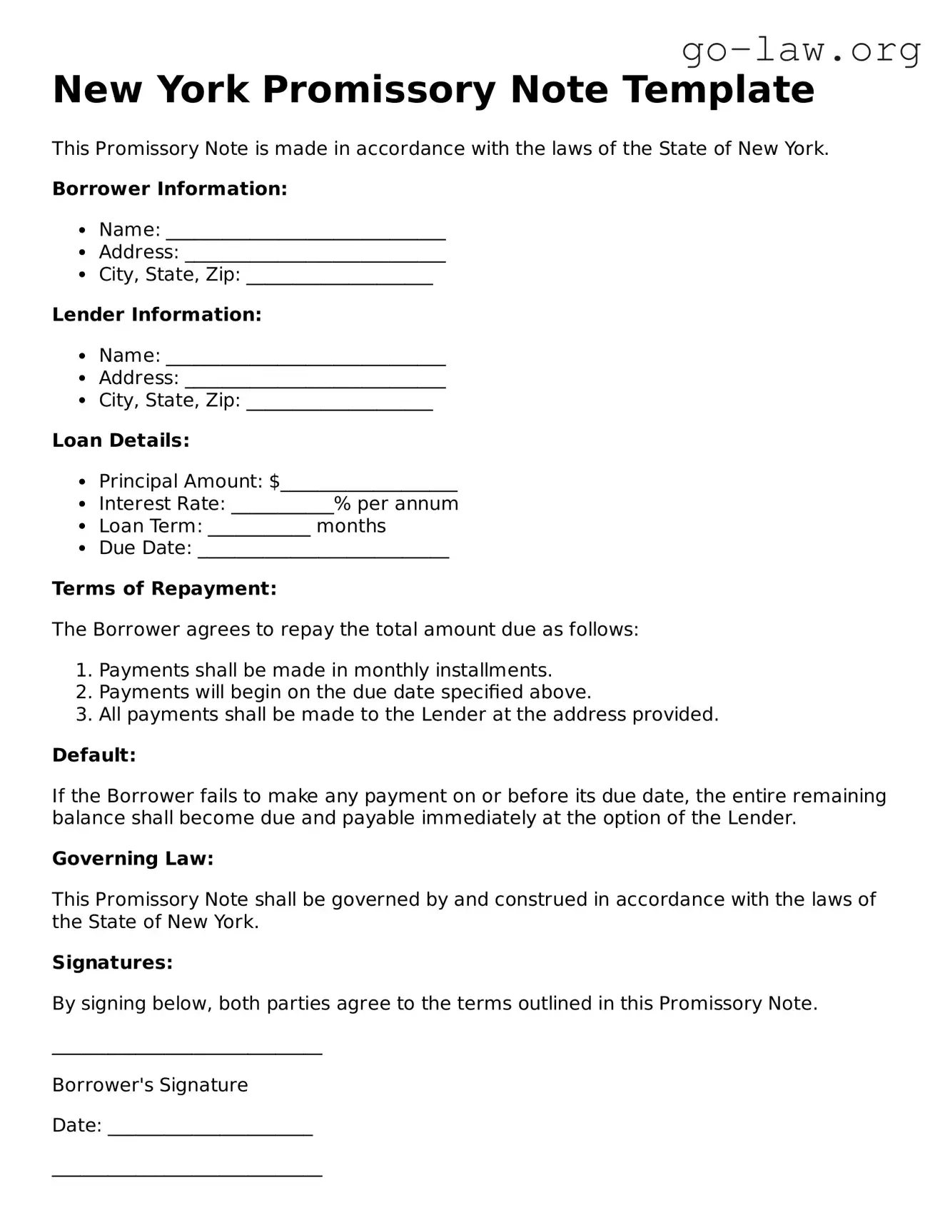 Fillable New York Promissory Note Form