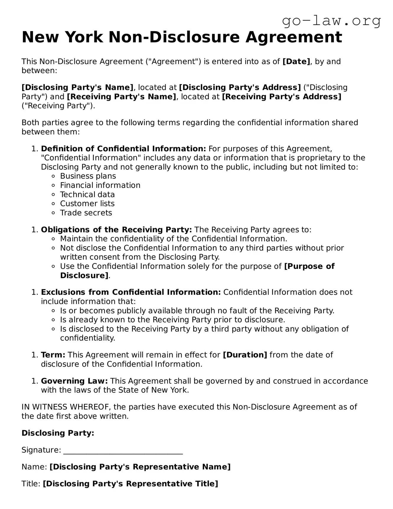Fillable New York Non-disclosure Agreement Form