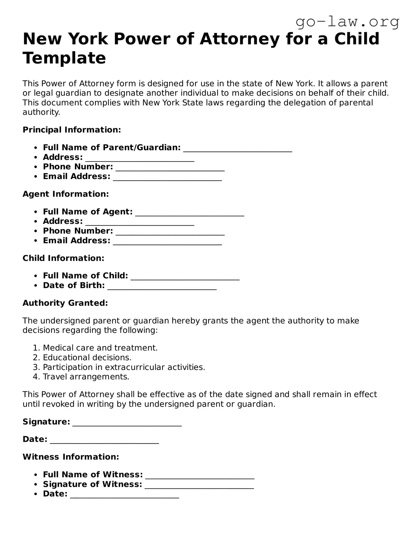 Fillable New York Power of Attorney for a Child Form