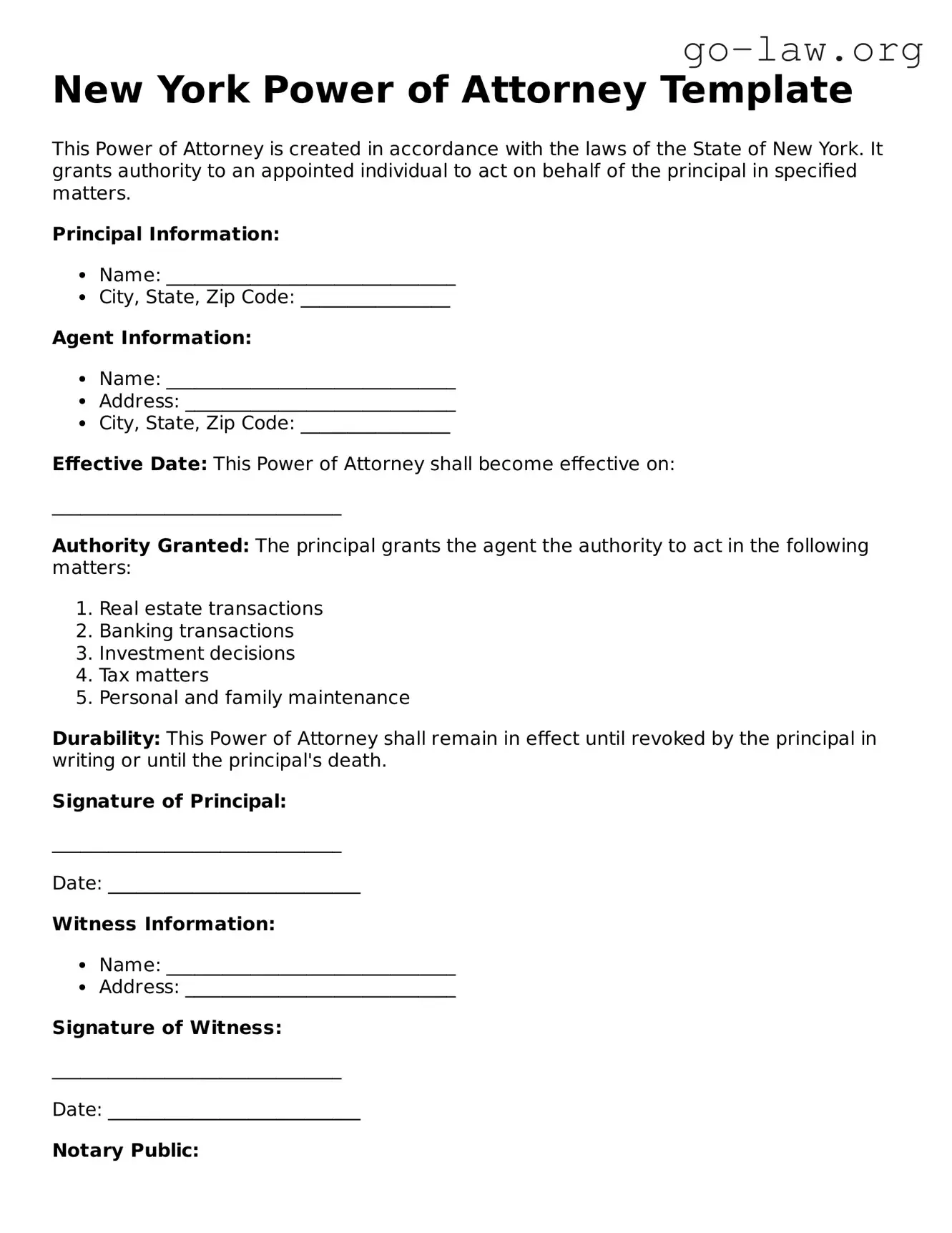 Fillable New York Power of Attorney Form