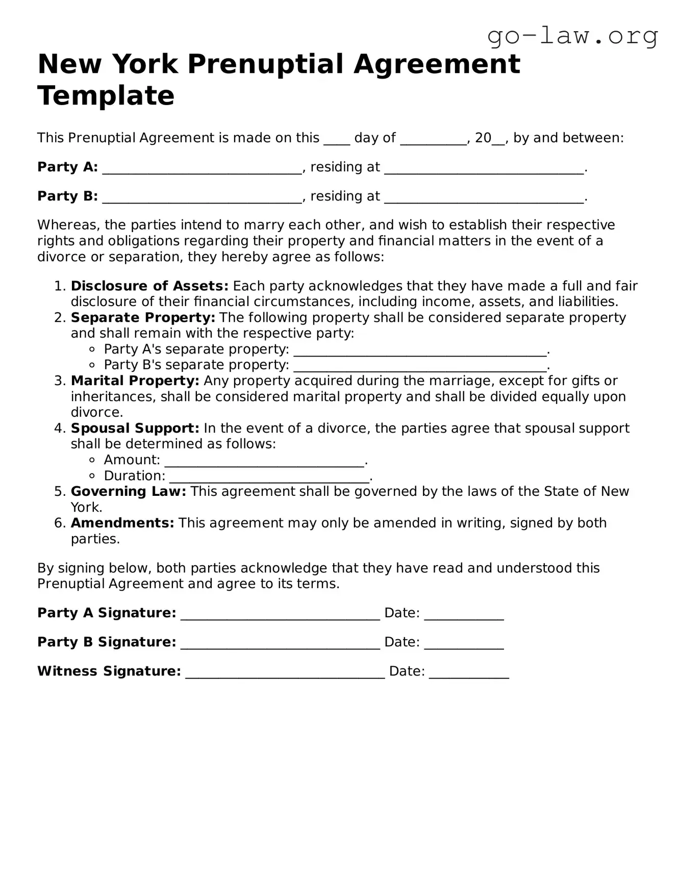 Fillable New York Prenuptial Agreement Form