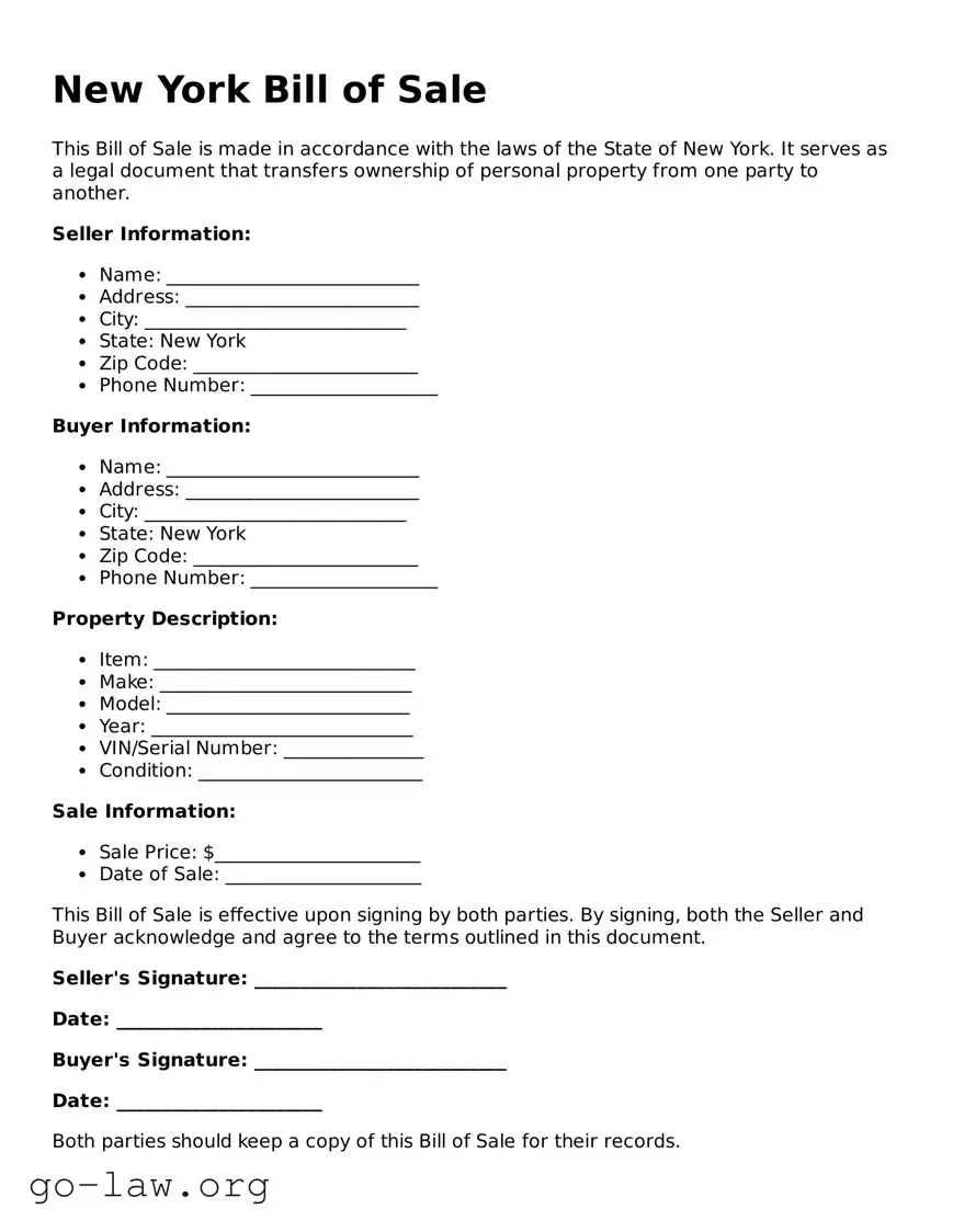 Fillable New York Bill of Sale Form