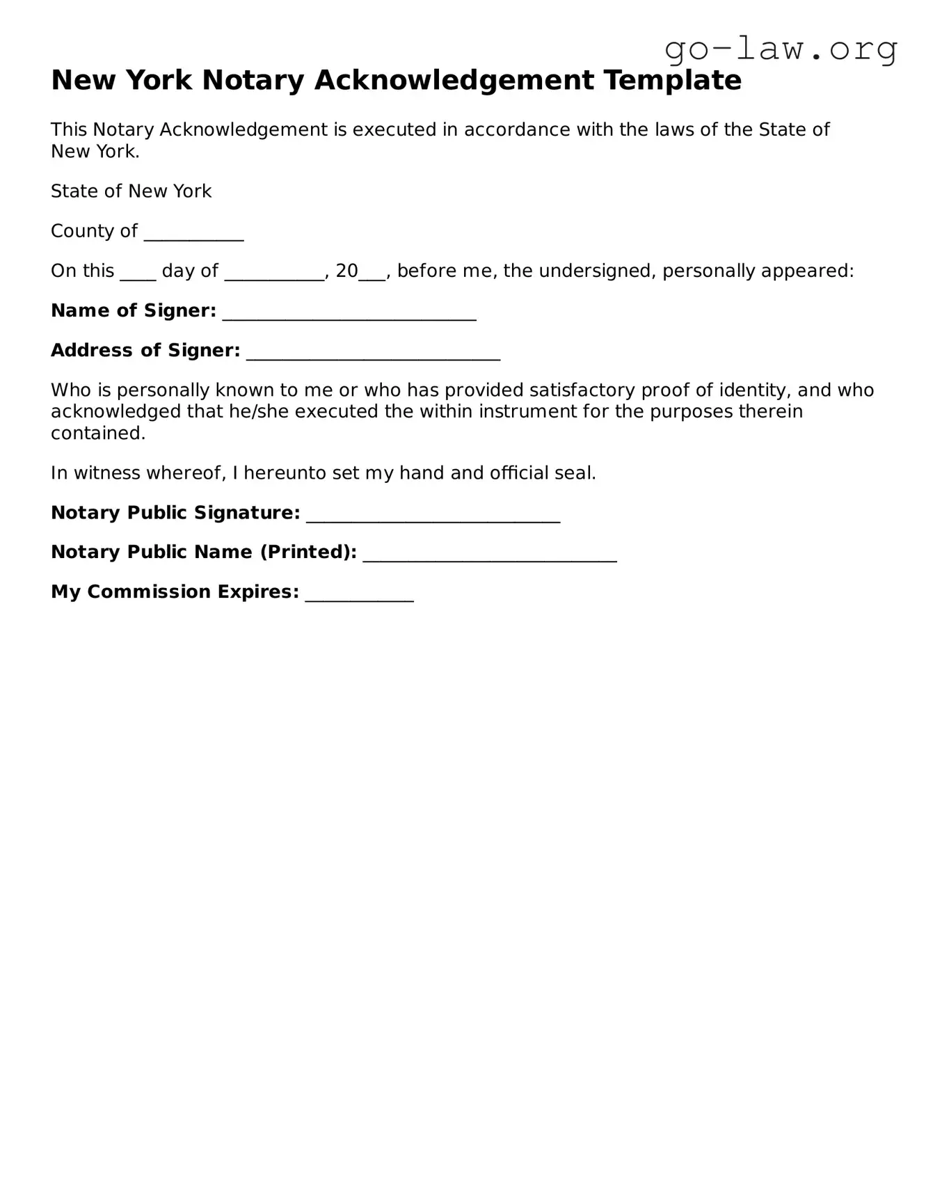 Fillable New York Notary Acknowledgement Form