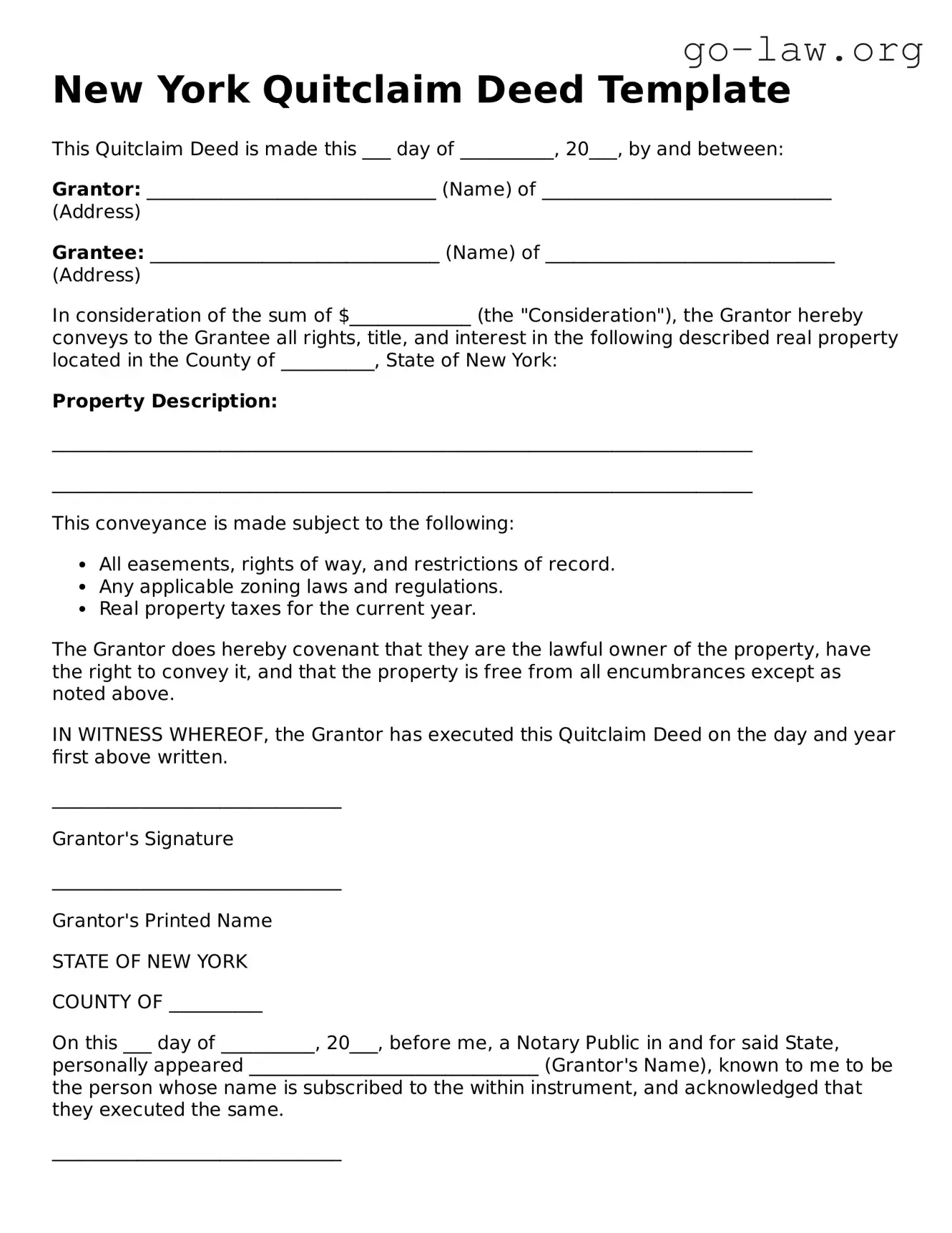 Fillable New York Quitclaim Deed Form