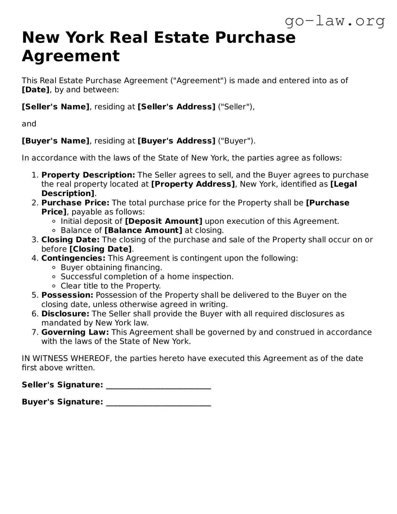 Fillable New York Real Estate Purchase Agreement Form