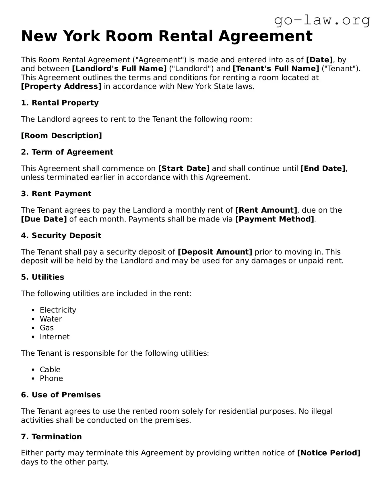 Fillable New York Room Rental Agreement Form