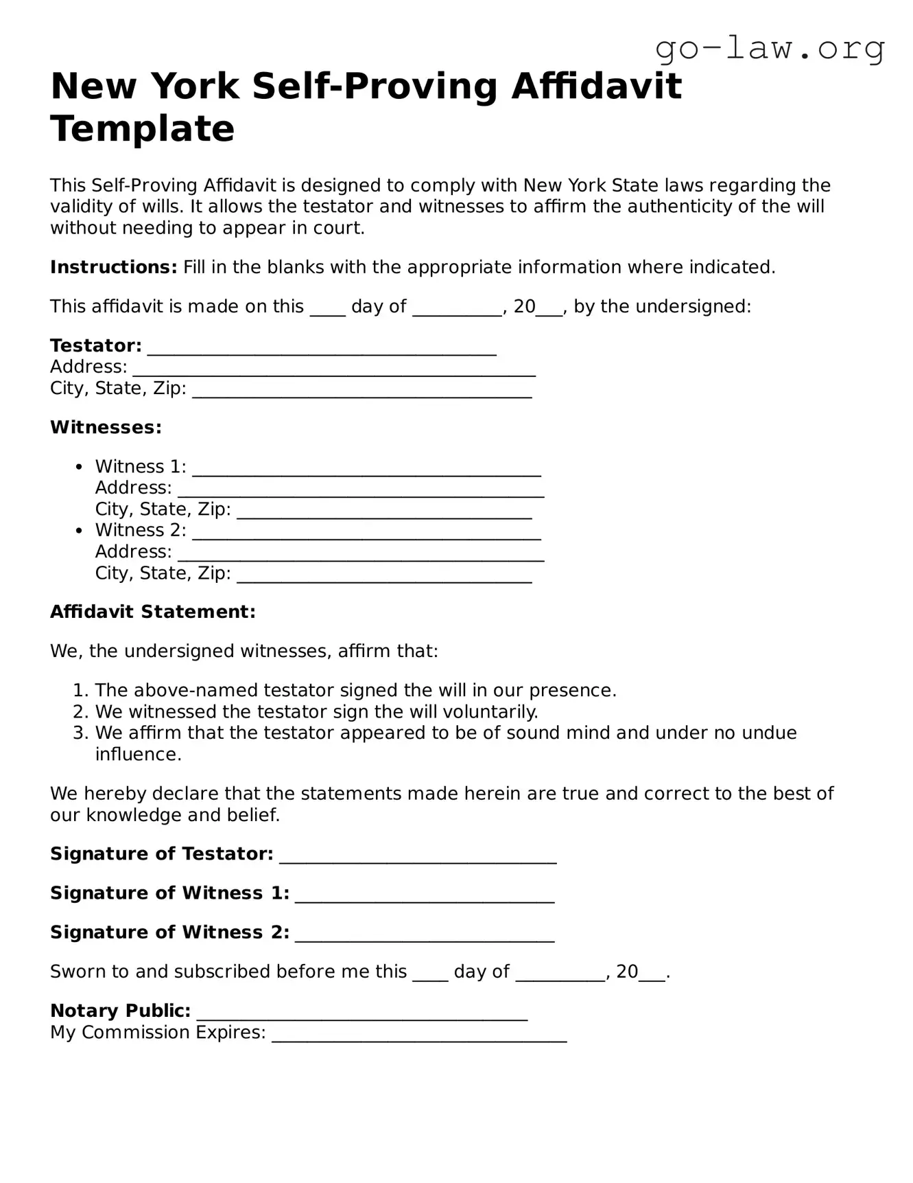 Fillable New York Self-Proving Affidavit Form