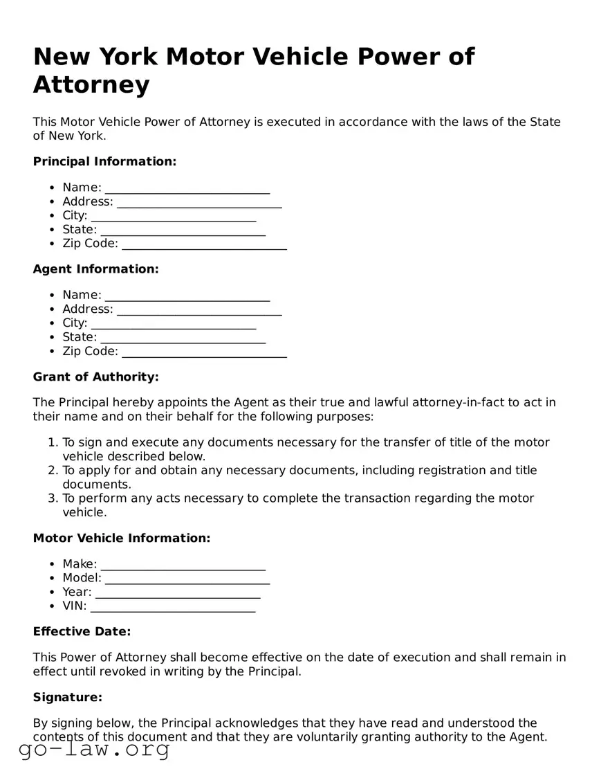 Fillable New York Motor Vehicle Power of Attorney Form