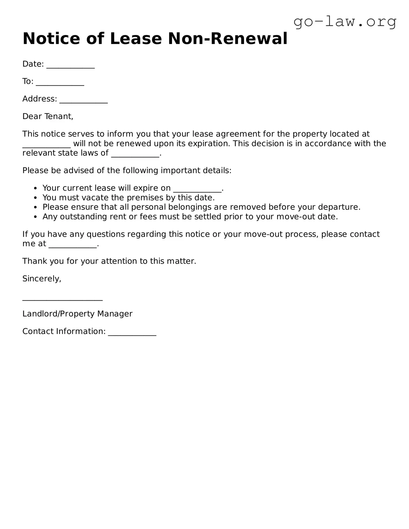 Blank Notice of Lease Non-Renewal Template