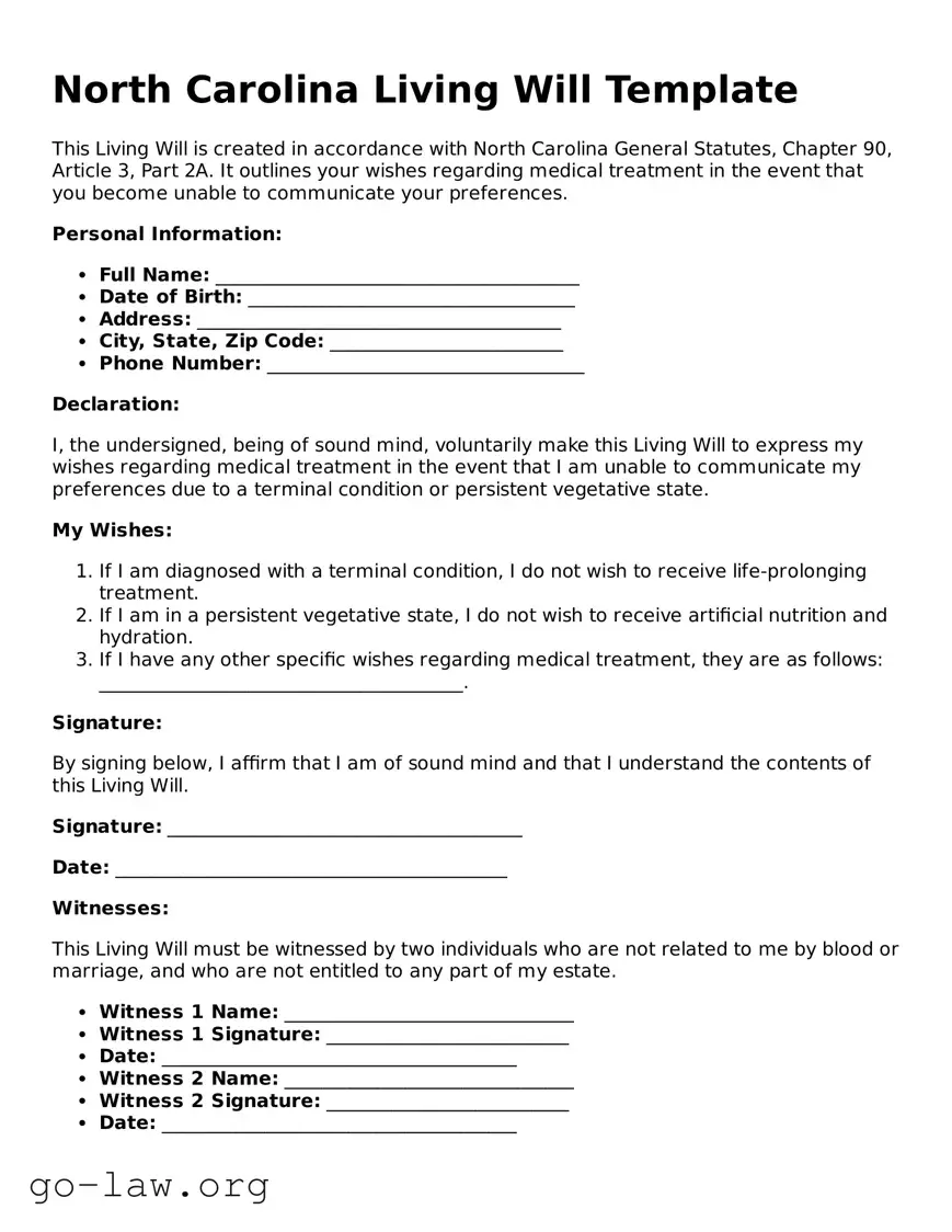 Fillable North Carolina Living Will Form