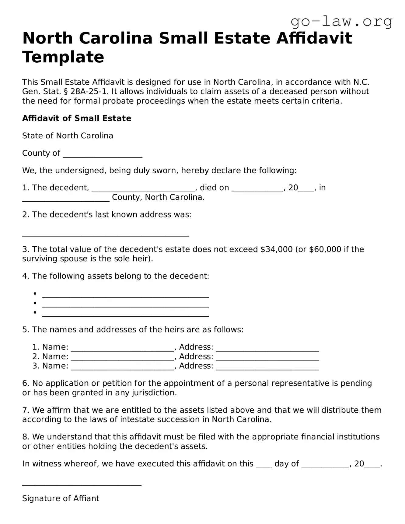 Fillable North Carolina Small Estate Affidavit Form