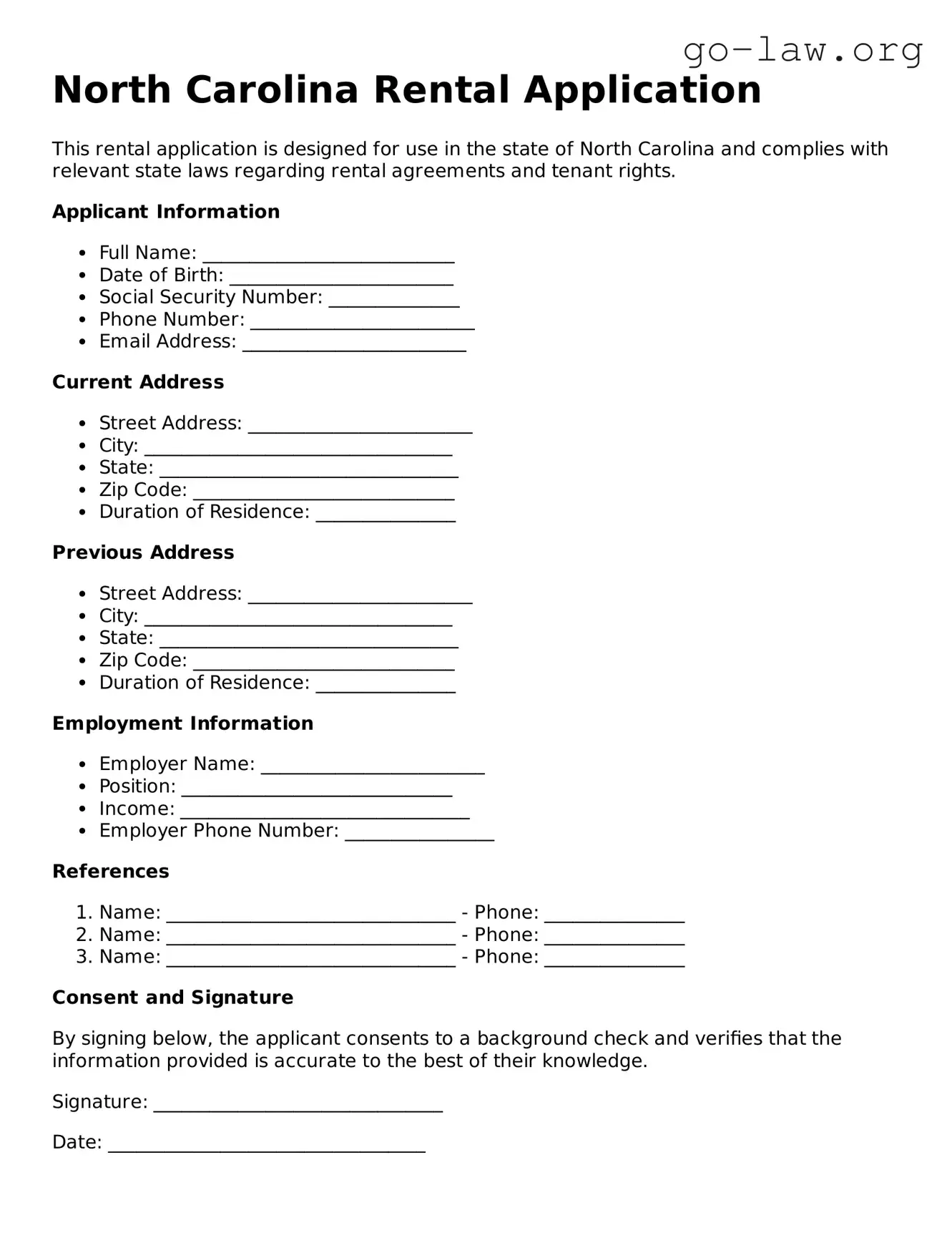 Fillable North Carolina Rental Application Form