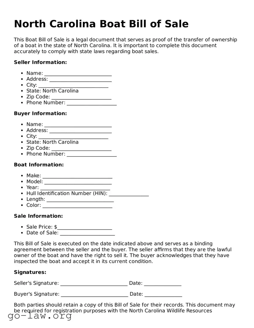 Fillable North Carolina Boat Bill of Sale Form